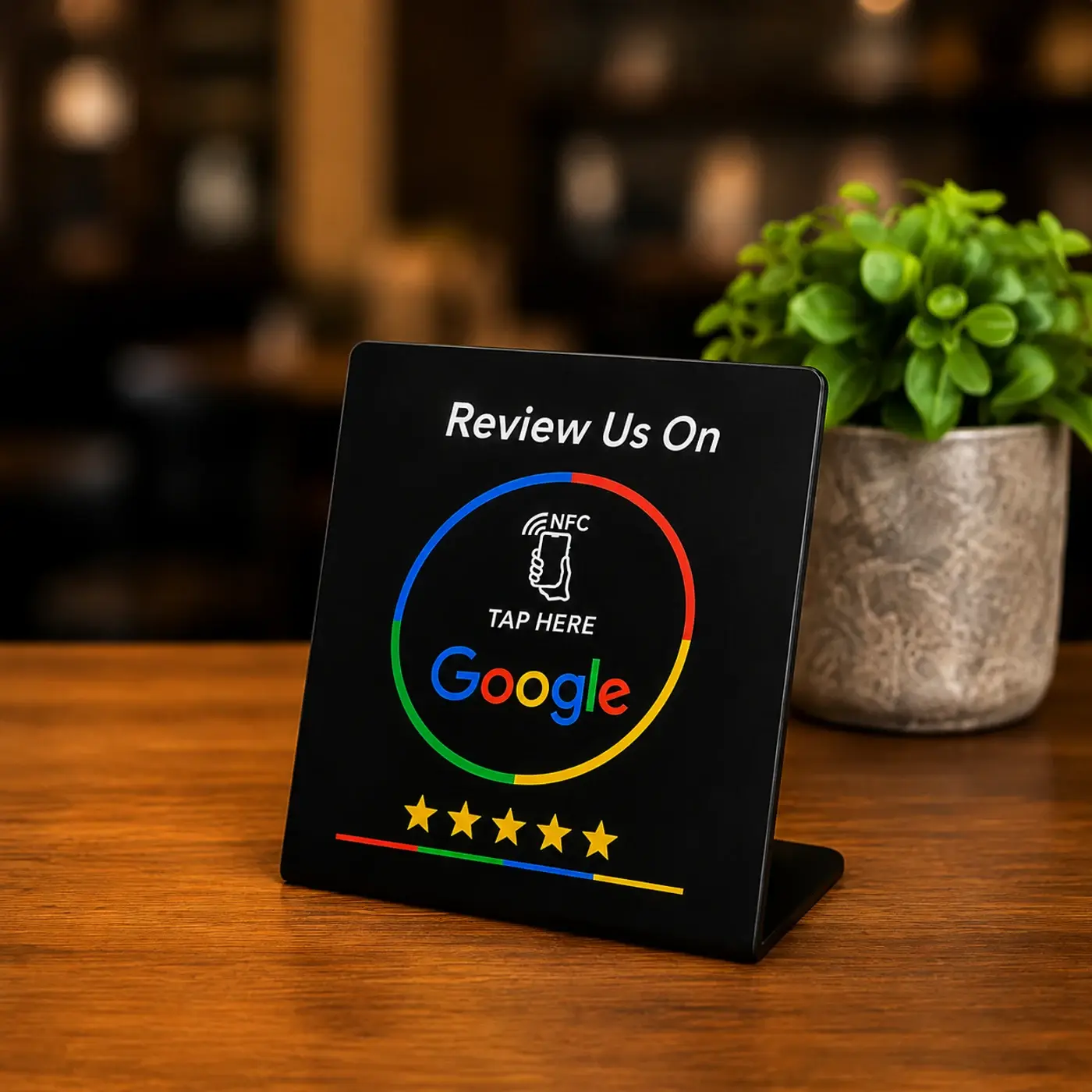 Zwart Google reviewbordje op een houten toonbank